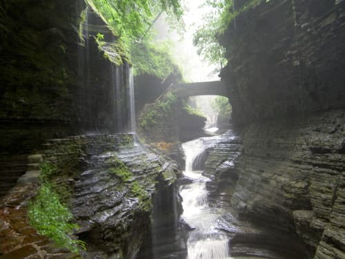 Waterfalls in Watkins Glen State Park during a rainstorm
